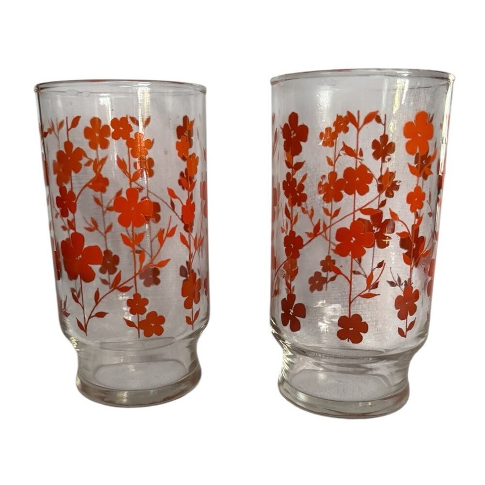 VTG Libby (?) Orange Flower Floral Drinking Glasses (2) Tumbler MCM Cottagecore